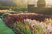 WATERPERRY GARDENS  OXFORDSHIRE: TRIAL BEDS AT DAWN WITH PENSTEMONS AND SEDUMS