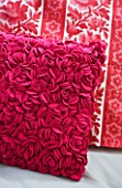 JACKY HOBBS HOUSE  LONDON: VINTAGE AND MODERN STYLE ROSE CUSHIONS IN RICH DEEP PINK FABRICS