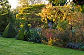 SALING HALL  ESSEX: VIEW ACROSS LAWN IN AUTUMN WITH EVENING LIGHT ON PERGOLA  VINE AND STONE URN