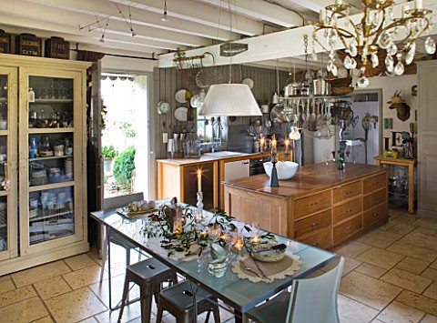 ROQUELIN__LOIRE_VALLEY__FRANCE_KITCHEN_ZINC_TOP_DINING_TABLE_WITH_PAINTED_WOODEN_CHINA_CABINET__MAIN