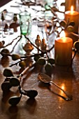 RICKYARD BARN HOUSE  OXFORDSHIRE: DESIGNERS JANE AND CLIVE NICHOLS. CHRISTMAS DECORATION ON DINING TABLE WITH CANDLES AND FIG BRANCHES CUT FROM THE GARDEN