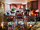 RICKYARD BARN  OXFORDSHIRE: CHRISTMAS - LIVING ROOM - DINING TABLE DECORATED WITH FIGS AND FIG LEAVES  SOFAS AND CHRISTMAS TREE