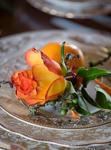 FULBROOK_HOUSE_DINING_ROOM_PLACE_SETTING_WITH_WHITE_AND_GOLD_CHINA__ORANGEYELLOW_ROSE_AND_SEASONAL_F
