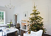WHITE HOUSE: SITTING ROOM; WHITE DÉCOR AND FURNISHINGS WITH DARK WOOD FLOORS AND DECORATIVE MARBLE FIREPLACE   CHRISTMAS TREE