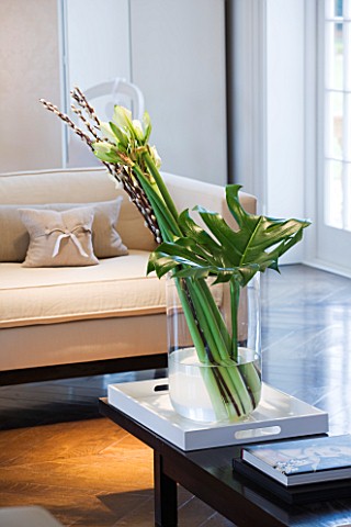 WHITE_HOUSE_FAMILY_ROOM__SEASONAL_PUSSY_WILLOW_AND_WHITE_AMARYLLIS_IN_LARGE_GLASS_VASE_ON_LONG_COFFE