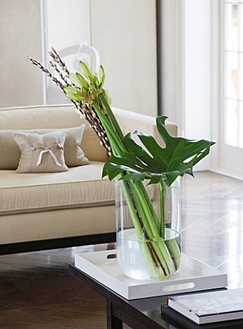 WHITE_HOUSE_FAMILY_ROOM__SEASONAL_PUSSY_WILLOW_AND_WHITE_AMARYLLIS_IN_LARGE_GLASS_VASE_ON_LONG_COFFE