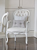 WHITE HOUSE: BREAKFAST ROOM: WHITE UPHOLSTERED  BUTTON BACK DINING CHAIR WITH CUSHIONS
