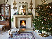 SARAH BAKERS HOUSE  THE OLD VICARAGE  SOMERSET: SITTING ROOM READY FOR CHRISTMAS WITH CHRISTMAS TREE AND WELCOMING FIRE. MIRROR OVER FIRE
