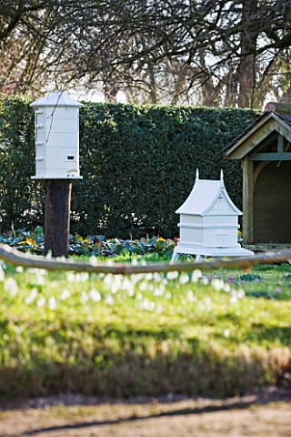 HODSOCK_PRIORY__NOTTINGHAMSHIRE_BEEHIVES__MURRAY_ARMOR_APIARY_REPLICA_OF_WORKING_VICTORIAN_BEEHIVES_