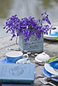 FISHING COTTAGE  KNEBWORTH PARK: STYLING BY JACKY HOBBS: TABLE ON JETTY BESIDE LAKE  WITH TABLE SETTING WITH BLUEBELLS IN METAL CONTAINER - SPRING