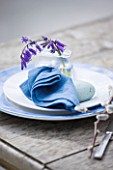 FISHING COTTAGE  KNEBWORTH PARK: STYLING BY JACKY HOBBS: TABLE ON JETTY BESIDE LAKE  WITH TABLE SETTING WITH BLUEBELLS IN GLASS CONTAINER ON PLATE WITH BLUE NAPKIN - SPRING