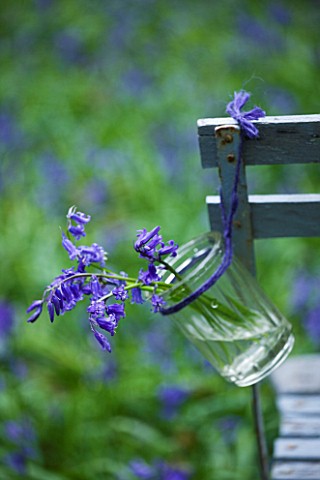 FISHING_COTTAGE__KNEBWORTH_PARK_STYLING_BY_JACKY_HOBBS_BLUEBELLS_IN_A_GLASS_JAR_TIED_TO_A_BENCH_IN_W