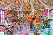 CHELSEA 2012 - INSIDE OF A SHED DECORATED BY KAFFE FASSETT WITH NEEDLEPOINT DESIGNS