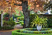GRANGE COURT  GUERNSEY: VIEW PAST BOX CIRCLES WITH PHORMIUM IN URN TO SCULPTURE WELCOME THE NEW YEAR BY EVERARD MEYNELL IN BOX BEDS WITH LAWN  METAL GATES AND COPPER BEECH