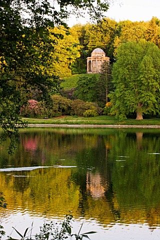 STOURHEAD_LANDSCAPE_GARDEN__WILTSHIRE_THE_NATIONAL_TRUST_MAY_2012__REFLECTIONS_ON_THE_LAKE_WITH_VIEW