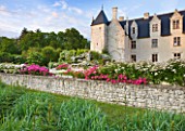CHATEAU DU RIVAU  LOIRE VALLEY  FRANCE: ROSES ON WALL IN FRONT OF CHATEAU IN EVENING LIGHT