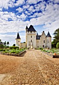 CHATEAU DU RIVAU  LOIRE VALLEY  FRANCE: THE MAIN ENTRANCE  CHATEAU AND DRAWBRIDGE WITH POTAGER ON EITHER SIDE
