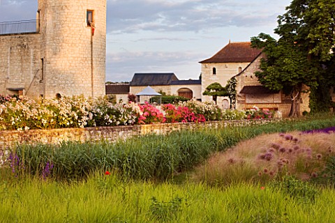 CHATEAU_DU_RIVAU__LOIRE_VALLEY__FRANCE_THE_CHATEAU_IN_THE_EVENING_WITH_SESLERIA_AUTUMNALIS__ALLIUM_G