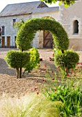CHATEAU DU RIVAU  LOIRE VALLEY  FRANCE: BEAUTIFUL TOPIARY ARCH IN THE COURTYARD