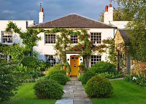 GIPSY_HOUSE__BUCKINGHAMSHIRE_THE_BACK_OF_THE_HOUSE_WITH_STONE_PATH__CLIPPED_YEW_TOPIARY_BALLS_AND_RO