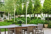 THE GLASS HOUSE  PETERSHAM. ARCHITECTS TERRY FARRELL PARTNERS. GARDEN DESIGN BY SALLIS CHANDLER: VIEW ACROSS TABLE AND CHAIRS TO BETULA JACQUEMONTII  LAWN AND CLIPPED BAYS