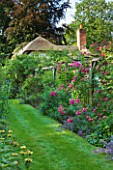 OLD THATCH  BERKSHIRE: VIEW TO THATCHED COTTAGE WITH PERGOLA / ARBOUR WITH ROSE - ROSA AMERICAN PILLAR AND LAVENDER