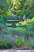 OLD THATCH  BERKSHIRE: THE LAVENDER TERRACE WITH FOUNTAIN BEHIND