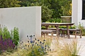 DEW POND HOUSE: DESIGN BY WILSON MCWILLIAM STUDIO - MAIN TERRACE/PATIO - TABLE & CHAIRS  RENDERED WALL  PALE SANDSTONE PAVING. ERYNGIUM ALPINUM BLUE STAR  STIPA TENUISSIMA