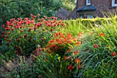 PECKOVER HOUSE  WISBECH  CAMBRIDGESHIRE: THE NATIONAL TRUST - RED BORDER WITH HELENIUMS  MONARDAS AND CROCOSMIA - OLD COACHMANS COTTAGE IN THE BACKGROUND