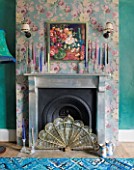 VELVET ECCENTRIC: NEW COUNTRY LOOK - PERSIAN GREEN GLAZED WALLS  FIREPLACE BY RACHEL BERGER WITH ANTIQUE SILVER LEAF  ANNA FRENCH WALLPAPER AND VINTAGE CRYSTAL CANDLE HOLDERS