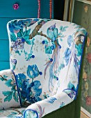 VELVET ECCENTRIC: MARGOT - CHAIR DESIGNED BY VELVET ECCENTRIC - OLIVE COLOURED VINTAGE VELVET AND A CHARMING SANDERSON PATTERNED LINEN WITH BIRD OF PARADISE AND PURPLE PIPING