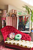 VELVET ECCENTRIC: THE GARDEN ROOM - RUBY IS VELVET ECCENTRIC DESIGNED CHAISE LONGUE. VINTAGE FLORAL OIL PAINTING  1930S FABRIC COVERED SCREEN.