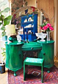 VELVET ECCENTRIC: THE GARDEN ROOM - EVELYN IS A SUPERB ART DECO DRESSING TABLE WITH CIRCULAR MIRROR AND BESPOKE STOOL. EMERALD GREEN GLAZES AND STENCILLING BY RACHEL BERGER