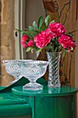 VELVET ECCENTRIC: THE GARDEN ROOM - EVELYN  ART DECO DRESSING TABLE WITH EMERALD GREEN GLAZES AND STENCILLING BY RACHEL BERGER. ANTIQUE CRYSTAL FRUIT BOWL AND VASE