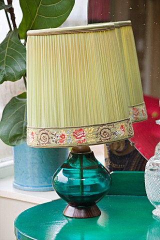 VELVET_ECCENTRIC_GARDEN_ROOM__FLEA_MARKET_FIND__LAMP_WITH_GLASS_BASE_AND_VINTAGE_CHIFFON_SHADE_ON_DR