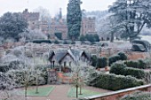 HAMPTON COURT CASTLE AND GARDENS  HEREFORDSHIRE: VIEW FROM THE GOTHIC TOWER ACROSS THE WALLED GARDEN IN FROST WITH THE ISLAND PAVILIONS AND COURT BEHIND