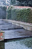HAMPTON COURT CASTLE AND GARDENS  HEREFORDSHIRE: THE WALLED GARDEN IN FROST - WATER CASCADE
