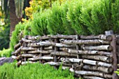 DESIGNER JAMES BASSON, SCAPE DESIGN, FRANCE: LOW WOODEN WOVEN FENCE WITH ROSEMARY - PROVENCE, HEDGE, HEDGING, FENCING, FENCED, DRY, DROUGHT TOLERANT