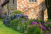 GLYNDEBOURNE, EAST SUSSEX: BORDER BESIDE THE LAWN WITH CEANOTHUS AND ALLIUMS BESIDE BRICK WALL