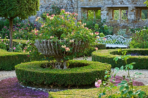 BROUGHTON_CASTLE_OXFORDSHIRE_FLEURDELYS_PATTERN_OF_BOX_HEDGES_IN_LADIES_GARDEN_WITH_HONEYSUCKLE_AT_C