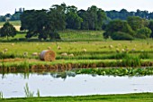 BROUGHTON CASTLE, OXFORDSHIRE: VIEW OUT ACROSS THE LAKE TO COUNTRYSIDE BEYOND - SUMMER, COUNTRY GARDEN, ROMANTIC, CLASSIC, VIEW, VISTA, WATERLILIES