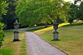 KILLERTON  DEVON: THE NATIONAL TRUST - PATH THROUGH LAWN WITH TWO URNS ON PEDESTALS AND WOODLAND BEYOND