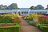 HELMSLEY WALLED GARDEN  YORKSHIRE: THE HERBACEOUS BORDER IN JULY DOMINATED BY VERBASCUMS  HELENIUMS AND ACHILLEAS  WITH GREENHOUSE BEHIND