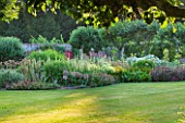 SLEDMERE HOUSE GARDEN, YORKSHIRE: BORDER BESIDE LAWN IN THE WALLED GARDEN - COUNTRY GARDEN, CLASSIC, PERENNIALS, GRASS, SUMMER, TRADITIONAL, AUGUST, LATE SUMMER