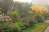 GLYNDEBOURNE, EAST SUSSEX: HERBACEOUS BORDER IN MIST / FOG PLANTED WITH STIPA GIGANTEA - SUMMER, PERENNIALS