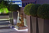 ROOF GARDEN IN SHOREDITCH  LONDON  DESIGNED BY AMIR SCHLEZINGER OF MY LANDSCAPES: DECKING WITH BUDDHA STATUE AND CONTAINERS WITH BOX BALLS  LIT UP AT NIGHT. LIGHTING