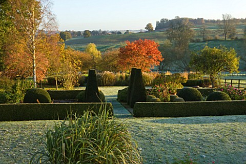 PETTIFERS_GARDEN__OXFORDSHIRE__IN_AUTUMN_PARTERRE_WITH_CLIPPED_BOX_AND_YEW_AND_SORBUS_JOSEPH_ROCK