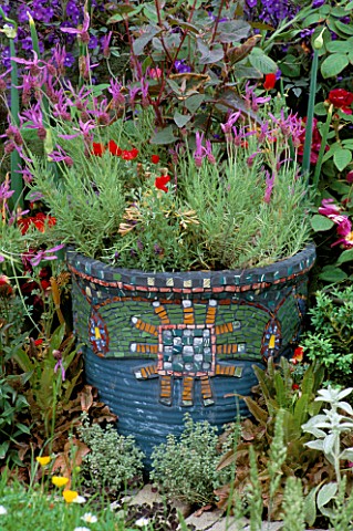 MOSAIC_CONTAINER_PLANTED_WITH_LAVENDER_EVENING_STANDARD_GARDEN_CHELSEA_1993_DESIGNER_DANIEL_PEARSON