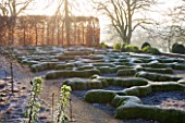 BROUGHTON GRANGE, OXFORDSHIRE: DESIGNER TOM STUART - SMITH: CLIPPED TOPIARY BOX HEDGES IN FROST WITH BEECH HEDGE. PARTERRE. WINTER, COUNTRY GARDEN, TRIMMED, HEDGING, MOUND, DAWN