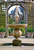 ARUNDEL CASTLE GARDENS  WEST SUSSEX: OAK PERGOLA AND FOUNTAIN - DESIGNED BY JULIAN AND ISABEL BANNERMAN